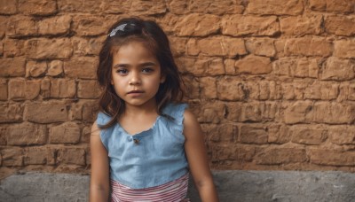 1girl,solo,long hair,looking at viewer,brown hair,shirt,hair ornament,dress,brown eyes,closed mouth,upper body,hairband,sleeveless,striped,lips,sleeveless shirt,expressionless,child,realistic,nose,wall,brick wall,blue eyes,jewelry,necklace