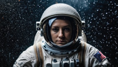 solo,looking at viewer,brown hair,1boy,upper body,male focus,black eyes,helmet,star (sky),science fiction,realistic,space,american flag,spacesuit,japanese flag,united states,astronaut,black hair,brown eyes,lips,expressionless,portrait,starry sky,reflection,planet,flag print,earth (planet),space helmet,american flag print