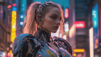 1girl, solo, long hair, blue eyes, blonde hair, upper body, ponytail, outdoors, blurry, lips, night, depth of field, blurry background, looking away, science fiction, city, realistic, nose, cyberpunk, neon lights