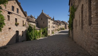 outdoors,sky,day,tree,blue sky,no humans,window,shadow,plant,building,scenery,door,road,wall,house,street,path,town,signature,grass,fantasy,bush,brick wall,castle,church,arch,pavement,stone floor,stone wall