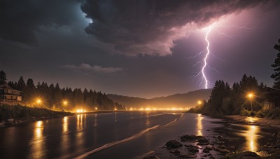 outdoors,sky,cloud,water,tree,no humans,night,cloudy sky,grass,building,nature,night sky,scenery,forest,reflection,sunset,rock,mountain,electricity,road,house,east asian architecture,river,lightning,landscape,lake,architecture,fireworks