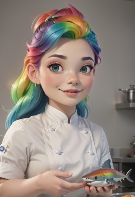 1girl,solo,long hair,looking at viewer,blush,smile,blue eyes,shirt,holding,jewelry,green eyes,blue hair,white shirt,upper body,ponytail,pink hair,purple hair,short sleeves,multicolored hair,earrings,parted lips,food,green hair,teeth,indoors,blurry,two-tone hair,aqua eyes,lips,fingernails,eyelashes,gradient hair,buttons,blurry background,animal,plate,personification,freckles,fish,realistic,holding animal,button badge,goldfish,chef,rainbow hair,bangs,blonde hair,artist name,makeup,watermark,thick eyebrows,web address,nose,kitchen