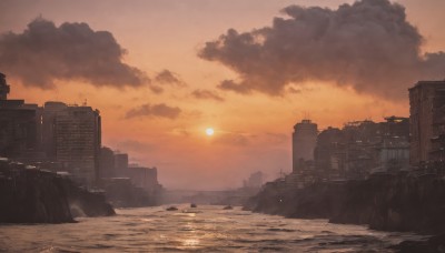 outdoors,sky,cloud,signature,water,no humans,ocean,sunlight,cloudy sky,building,scenery,sunset,rock,city,sand,sun,horizon,cityscape,ruins,skyscraper,orange sky,post-apocalypse