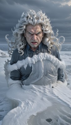 1girl,solo,long hair,looking at viewer,blue eyes,1boy,jewelry,white hair,male focus,outdoors,parted lips,sky,teeth,cloud,water,lips,facial hair,ocean,cloudy sky,messy hair,tentacles,beard,old,waves,fine art parody,upper body,grey hair,fur trim,scar,clenched teeth,angry,snow,curly hair,wrinkled skin