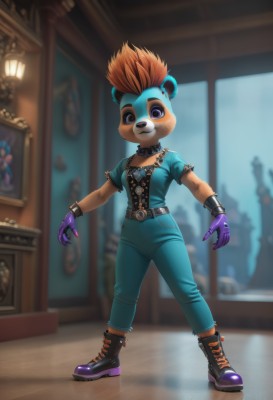 1girl,solo,breasts,looking at viewer,smile,short hair,blue eyes,brown hair,shirt,gloves,animal ears,jewelry,closed mouth,standing,purple eyes,full body,short sleeves,multicolored hair,small breasts,boots,belt,pants,artist name,indoors,signature,black footwear,orange hair,blurry,collar,bracelet,blurry background,blue shirt,spiked hair,claws,corset,furry,spikes,zipper,furry female,body fur,spiked bracelet,spiked collar,animal nose,mohawk,studded bracelet,blush,1boy,male focus,teeth,window,furry male