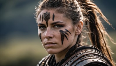 1girl,solo,long hair,looking at viewer,brown hair,black hair,brown eyes,jewelry,closed mouth,braid,earrings,armor,blurry,lips,grey eyes,depth of field,blurry background,facial mark,feathers,shoulder armor,portrait,freckles,realistic,nose,stud earrings,ponytail,mole,tattoo,close-up,facepaint,facial tattoo