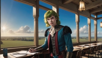 1girl,solo,looking at viewer,short hair,bangs,blonde hair,long sleeves,1boy,holding,brown eyes,closed mouth,standing,jacket,upper body,male focus,outdoors,green hair,sky,day,belt,cloud,indoors,blue sky,lips,book,fur trim,ascot,window,table,sunlight,cloudy sky,blue jacket,scenery,paper,mountain,realistic,sun,vambraces,pen,blue coat,quill,vest,tree,chair,desk,fur collar,lamp,paintbrush,pencil,pillar,white ascot