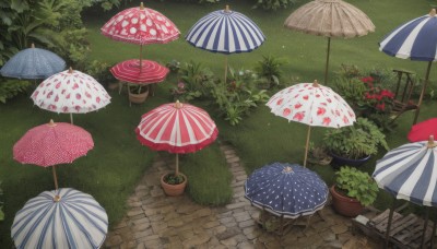 flower,heart,outdoors,day,no humans,umbrella,chair,table,grass,plant,scenery,potted plant,bush,shade,parasol,mushroom,flower pot,from above,bench,path,garden,pavement