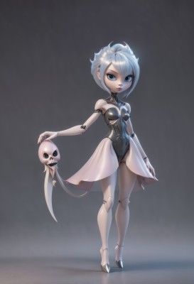 1girl,solo,breasts,looking at viewer,short hair,blue eyes,skirt,bare shoulders,standing,full body,white hair,grey hair,small breasts,parted lips,teeth,high heels,leotard,lips,see-through,makeup,black leotard,skull,android,red lips,joints,tiptoes,doll joints,robot joints,blue hair