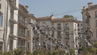 multiple girls,dress,outdoors,multiple boys,sky,day,tree,blue sky,no humans,window,bird,6+girls,grass,plant,building,scenery,6+boys,fence,potted plant,house,power lines,utility pole,ladder,balcony,air conditioner,artist name,road,bush