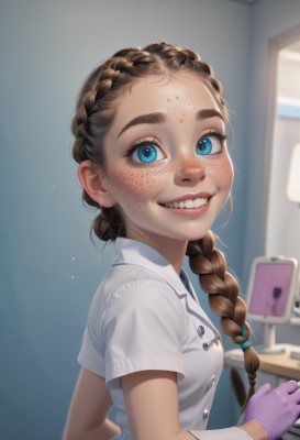 1girl,solo,long hair,breasts,looking at viewer,smile,open mouth,blue eyes,brown hair,shirt,gloves,white shirt,upper body,braid,short sleeves,small breasts,teeth,artist name,indoors,mole,grin,blurry,from side,lips,eyelashes,single braid,blurry background,child,hair over shoulder,forehead,freckles,realistic,nurse cap,female child,nurse,purple gloves,twin braids,looking to the side,makeup,buttons,depth of field,thick eyebrows,sharp teeth,nose,mascara