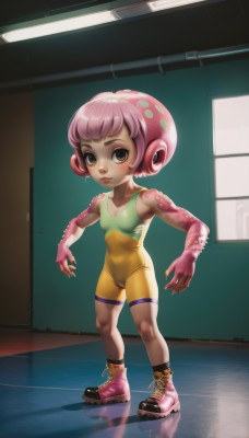 1girl,solo,breasts,looking at viewer,blush,short hair,gloves,brown eyes,standing,full body,pink hair,small breasts,boots,indoors,flat chest,leotard,lips,loli,bodysuit,cameltoe,monster girl,child,skin tight,reflection,pink footwear,pink skin,unitard,fingerless gloves,personification