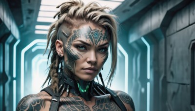 1girl,solo,long hair,looking at viewer,blue eyes,blonde hair,hair ornament,bare shoulders,jewelry,closed mouth,green eyes,braid,earrings,hairclip,dark skin,blurry,lips,single braid,tattoo,facial mark,portrait,science fiction,nose,arm tattoo,shoulder tattoo,facial tattoo,cyborg,hair pulled back,cyberpunk,neck tattoo,brown hair,upper body,aqua eyes,glowing,feathers,realistic,eyebrow piercing,hologram