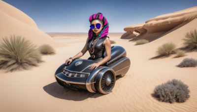 1girl,solo,long hair,smile,jewelry,pink hair,purple hair,braid,multicolored hair,outdoors,sleeveless,day,dark skin,two-tone hair,dark-skinned female,lips,streaked hair,makeup,parody,drill hair,sunglasses,lipstick,ground vehicle,twin drills,motor vehicle,watch,car,wristwatch,tinted eyewear,vehicle focus,desert,purple-tinted eyewear,breasts,looking at viewer,dress,bare shoulders,sitting,closed mouth,earrings,sky,alternate costume,necklace,bracelet,gradient hair,goggles,sand,driving,dreadlocks,cactus