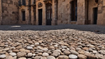 outdoors,day,no humans,window,shadow,building,scenery,door,road,house,street,blurry,snow,rock,wall,pavement,stone floor,stone wall