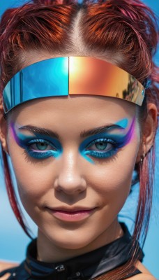 1girl,solo,looking at viewer,smile,blue eyes,brown hair,jewelry,red hair,earrings,dark skin,hair bun,dark-skinned female,lips,eyelashes,double bun,makeup,headband,blue background,portrait,eyeshadow,realistic,nose,hair behind ear,eyeliner,straight-on,red eyeshadow,mascara,blue eyeshadow,simple background,closed mouth,green eyes,multicolored hair,looking to the side,piercing,lipstick,close-up