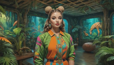 1girl,solo,long hair,looking at viewer,brown hair,shirt,long sleeves,brown eyes,jewelry,jacket,upper body,earrings,parted lips,open clothes,collared shirt,belt,indoors,hair bun,black eyes,open jacket,tree,lips,eyelashes,window,double bun,makeup,animal,leaf,sunlight,plant,lipstick,nature,scenery,multicolored clothes,forehead,buckle,eyeshadow,freckles,fish,hoop earrings,wooden floor,belt buckle,green jacket,nose,green shirt,bun cover,red lips,potted plant,print shirt,orange shirt,hair ornament,realistic,hands in pockets,multicolored jacket,turtle,deer,seaweed