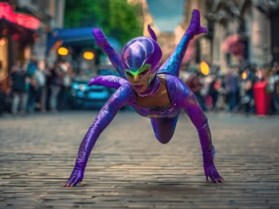 1girl,solo,breasts,looking at viewer,gloves,full body,outdoors,solo focus,day,dark skin,blurry,dark-skinned female,bodysuit,makeup,depth of field,blurry background,helmet,lipstick,ground vehicle,motor vehicle,jumping,city,realistic,car,road,purple gloves,street,purple lips,purple bodysuit,midair,handstand,tail,building,glowing eyes,running