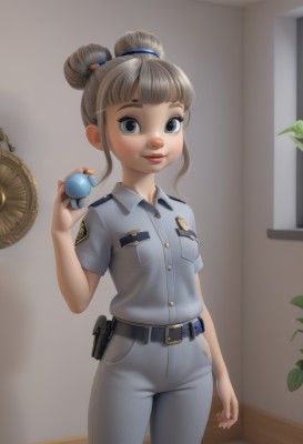 1girl,solo,looking at viewer,smile,short hair,bangs,blue eyes,brown hair,shirt,holding,standing,short sleeves,grey hair,sidelocks,cowboy shot,belt,pants,indoors,blunt bangs,hair bun,uniform,lips,grey eyes,double bun,single hair bun,blue shirt,pocket,black belt,pouch,badge,police,police uniform,policewoman,blush,holster,electric fan