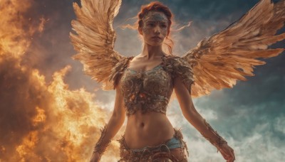 1girl,solo,breasts,looking at viewer,short hair,navel,brown eyes,medium breasts,red hair,cowboy shot,wings,sky,midriff,cloud,stomach,armor,lips,cloudy sky,shoulder armor,feathered wings,backlighting,pauldrons,breastplate,realistic,arms at sides,bracer,spread wings,yellow wings,brown hair,jewelry,collarbone,upper body,outdoors,parted lips,orange hair,bird,fire