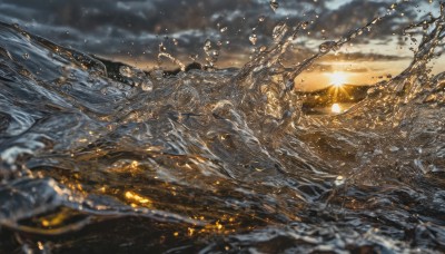 outdoors,sky,cloud,water,blurry,no humans,ocean,cloudy sky,scenery,sunset,water drop,mountain,sun,horizon,watercraft,splashing,waves,depth of field,chain,sunlight,light particles,lens flare