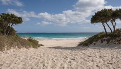 outdoors,sky,day,cloud,water,tree,blue sky,no humans,ocean,beach,cloudy sky,grass,nature,scenery,rock,sand,palm tree,horizon,shore,plant