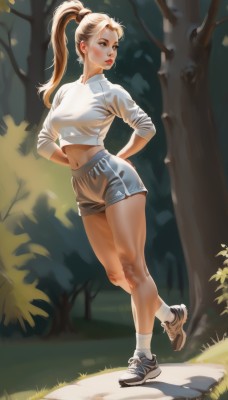 1girl,solo,long hair,breasts,blush,blonde hair,shirt,long sleeves,navel,brown eyes,jewelry,medium breasts,standing,full body,white shirt,ponytail,thighs,earrings,outdoors,parted lips,shoes,shorts,day,socks,midriff,artist name,black footwear,tree,lips,crop top,looking to the side,short shorts,makeup,looking away,arms behind back,grass,high ponytail,lipstick,white socks,sneakers,nature,forest,walking,nose,red lips,dappled sunlight,path,brown hair,watermark,realistic,bush