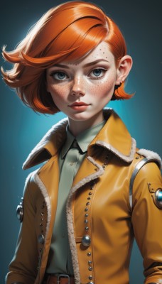 1girl,solo,looking at viewer,short hair,bangs,blue eyes,simple background,shirt,jewelry,closed mouth,jacket,white shirt,upper body,earrings,open clothes,collared shirt,belt,artist name,orange hair,open jacket,lips,gradient,fur trim,gradient background,eyelashes,makeup,buttons,swept bangs,blue background,lipstick,buckle,zipper,freckles,brown jacket,belt buckle,realistic,nose,stud earrings,leather,leather jacket,red hair,dress shirt,red lips,brown belt