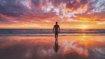 solo, 1boy, standing, male focus, outdoors, sky, cloud, water, from behind, dutch angle, ocean, beach, cloudy sky, scenery, reflection, topless male, sunset, horizon