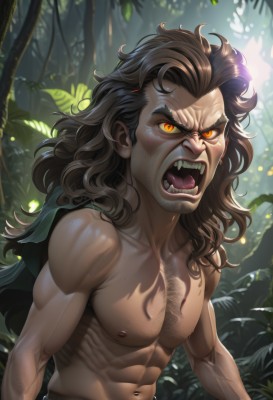 solo,long hair,looking at viewer,open mouth,brown hair,1boy,navel,nipples,collarbone,yellow eyes,upper body,male focus,outdoors,teeth,artist name,cape,tree,orange eyes,muscular,glowing,facial hair,fangs,abs,thick eyebrows,pectorals,muscular male,nature,glowing eyes,angry,forest,freckles,veins,topless male,chest hair,black hair,day,tongue,leaf,watermark,plant,messy hair,realistic,manly,shouting