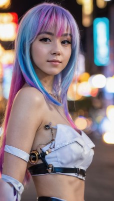 1girl,solo,long hair,breasts,looking at viewer,smile,bangs,bare shoulders,brown eyes,jewelry,medium breasts,closed mouth,blue hair,upper body,pink hair,purple hair,multicolored hair,small breasts,midriff,necklace,bra,blurry,black eyes,two-tone hair,lips,looking to the side,strapless,gradient hair,depth of field,blurry background,realistic,nose,tube top,belt,from side,crop top,o-ring,bokeh