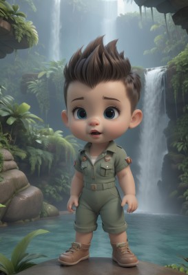 solo,looking at viewer,open mouth,blue eyes,brown hair,shirt,1boy,standing,full body,short sleeves,male focus,boots,outdoors,parted lips,shoes,shorts,teeth,day,belt,artist name,water,uniform,tree,military,military uniform,leaf,brown footwear,plant,spiked hair,child,nature,forest,pocket,rock,green shirt,breast pocket,male child,green shorts,waterfall,cliff,moss,short hair