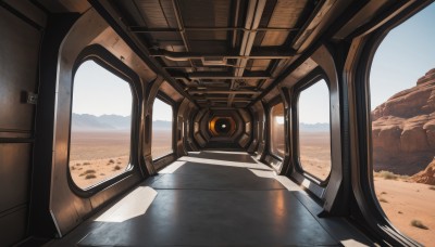 outdoors,sky,day,blue sky,no humans,shadow,ground vehicle,scenery,reflection,science fiction,mountain,sand,road,desert,cloud,water,window,robot,landscape