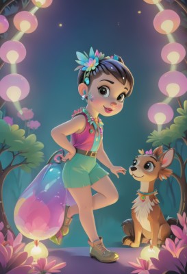 1girl,solo,looking at viewer,smile,short hair,open mouth,brown hair,black hair,hair ornament,brown eyes,jewelry,standing,flower,earrings,outdoors,shoes,shorts,sleeveless,belt,hair flower,dark skin,necklace,vest,tree,hand on hip,night,animal,sneakers,child,nature,forest,dog,mushroom,green shorts,shirt,full body,artist name,looking at another,lips,short shorts,sleeveless shirt,standing on one leg,blue flower,pink shirt,stud earrings,deer