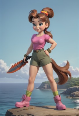 1girl,solo,long hair,breasts,looking at viewer,blush,smile,blue eyes,brown hair,shirt,hair ornament,holding,medium breasts,closed mouth,standing,tail,full body,ponytail,weapon,short sleeves,small breasts,boots,outdoors,sky,shoes,shorts,day,socks,belt,cloud,water,holding weapon,blue sky,lips,hand on hip,short shorts,makeup,ocean,scrunchie,thick eyebrows,knife,wristband,horse tail,freckles,contrapposto,pink shirt,rock,pink footwear,ankle boots,holding knife,dagger,green shorts,striped socks,pink socks,green socks,jewelry,collarbone,hair bun,bracelet,hair bobbles,sneakers,bandaid,hair scrunchie,bandaid on face,brown shorts,loose socks