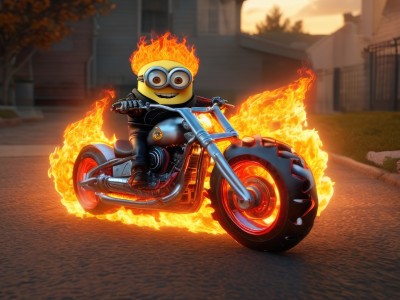 solo,looking at viewer,smile,gloves,1boy,jacket,male focus,boots,outdoors,black gloves,pants,blurry,tree,black jacket,blurry background,black pants,fire,goggles,ground vehicle,building,motor vehicle,road,riding,leather,motorcycle,leather jacket,fiery hair,on motorcycle,street