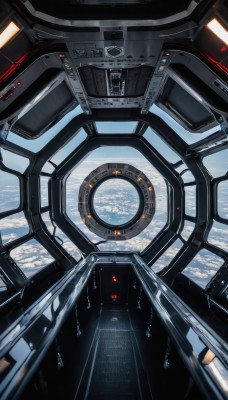 sky,cloud,signature,no humans,robot,scenery,reflection,science fiction,realistic,space,planet,spacecraft,cockpit,indoors,window,machinery,cable,earth (planet)