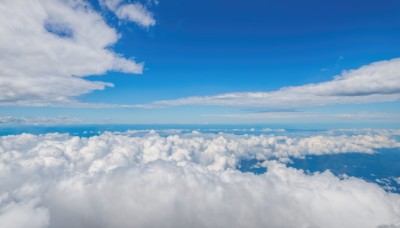 monochrome,outdoors,sky,day,cloud,water,blue sky,no humans,bird,ocean,cloudy sky,scenery,blue theme,horizon,above clouds