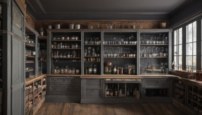 indoors,tree,cup,no humans,window,table,bottle,scenery,snow,alcohol,drinking glass,wooden floor,wine glass,stool,wine,shelf,wine bottle,jar,bar (place),counter,barrel,cabinet,whiskey,day,plant,box,bare tree