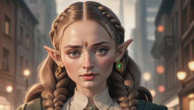 1girl,solo,long hair,looking at viewer,brown hair,jewelry,closed mouth,green eyes,white shirt,braid,earrings,outdoors,day,pointy ears,artist name,necklace,blurry,twin braids,lips,eyelashes,depth of field,blurry background,brooch,elf,building,gem,portrait,forehead,freckles,realistic,nose,green gemstone,blonde hair,shirt,thick eyebrows,backlighting