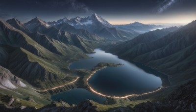 outdoors,sky,cloud,water,tree,no humans,night,cloudy sky,star (sky),nature,night sky,scenery,starry sky,reflection,mountain,fantasy,river,landscape,mountainous horizon,lake,cliff,sunlight,sunset,sunrise