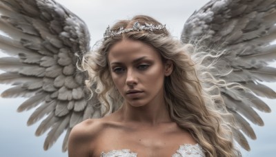 1girl,solo,long hair,looking at viewer,blue eyes,blonde hair,simple background,white background,dress,bare shoulders,collarbone,upper body,wings,lips,wavy hair,tiara,portrait,feathered wings,freckles,angel wings,realistic,white wings,angel,breasts,cleavage,mole,curly hair,mole on breast