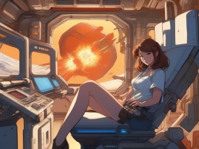 1girl,solo,long hair,breasts,looking at viewer,bangs,skirt,brown hair,shirt,brown eyes,medium breasts,sitting,closed mouth,white shirt,short sleeves,medium hair,science fiction,sunset,watch,holster,explosion,cockpit,joystick,smile,jewelry,school uniform,green eyes,sky,shorts,collared shirt,bare legs,window,blue shirt