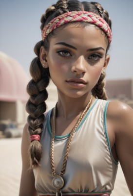 1girl,solo,long hair,breasts,looking at viewer,brown hair,black hair,dress,bare shoulders,brown eyes,jewelry,collarbone,upper body,braid,hairband,earrings,small breasts,outdoors,parted lips,sleeveless,day,dark skin,necklace,blurry,twin braids,dark-skinned female,lips,eyelashes,sleeveless shirt,depth of field,blurry background,headband,piercing,forehead,freckles,realistic,nose,multiple braids,tank top