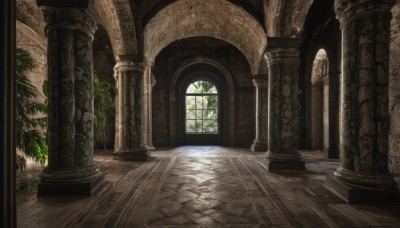 outdoors,day,indoors,water,tree,no humans,window,sunlight,plant,scenery,stairs,architecture,ruins,pillar,arch,column,wooden floor,statue