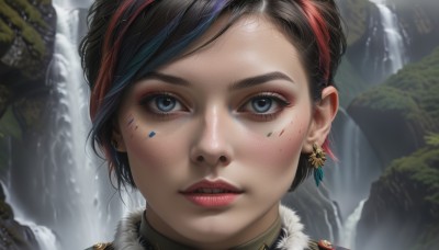 1girl,solo,looking at viewer,short hair,blue eyes,brown hair,black hair,jewelry,multicolored hair,hairband,earrings,parted lips,teeth,water,lips,eyelashes,makeup,facial mark,piercing,portrait,close-up,freckles,realistic,nose,red lips,facepaint,waterfall,blue hair,choker