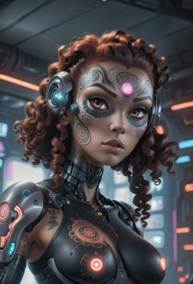 1girl,solo,breasts,looking at viewer,brown hair,brown eyes,medium breasts,upper body,small breasts,parted lips,dark skin,medium hair,dark-skinned female,lips,eyelashes,bodysuit,tattoo,makeup,glowing,headphones,facial mark,forehead,freckles,science fiction,curly hair,nose,cyborg,ringlets,very dark skin,neon trim,dreadlocks,necklace,armor,eyeshadow,backlighting,facepaint,cyberpunk