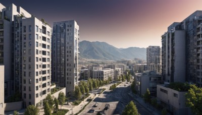 outdoors,sky,cloud,tree,no humans,window,ground vehicle,building,scenery,motor vehicle,sunset,mountain,city,car,road,cityscape,street,skyscraper,real world location,ruins,landscape