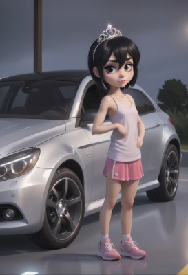 1girl,solo,looking at viewer,short hair,blue eyes,skirt,shirt,black hair,hair between eyes,bare shoulders,standing,full body,pleated skirt,small breasts,outdoors,shoes,socks,miniskirt,black eyes,grey eyes,makeup,night,tank top,tiara,ground vehicle,sneakers,child,motor vehicle,pink skirt,reflection,pink footwear,female child,car,vehicle focus,white tank top,sports car,flat chest,hand on hip,aged down