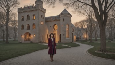 1girl,solo,looking at viewer,short hair,brown hair,shirt,black hair,long sleeves,brown eyes,standing,boots,outdoors,sky,cloud,tree,coat,window,brown footwear,building,scenery,walking,clock,road,house,wide shot,lamppost,bare tree,tower,church,bangs,cloudy sky,grass,robe,arms at sides